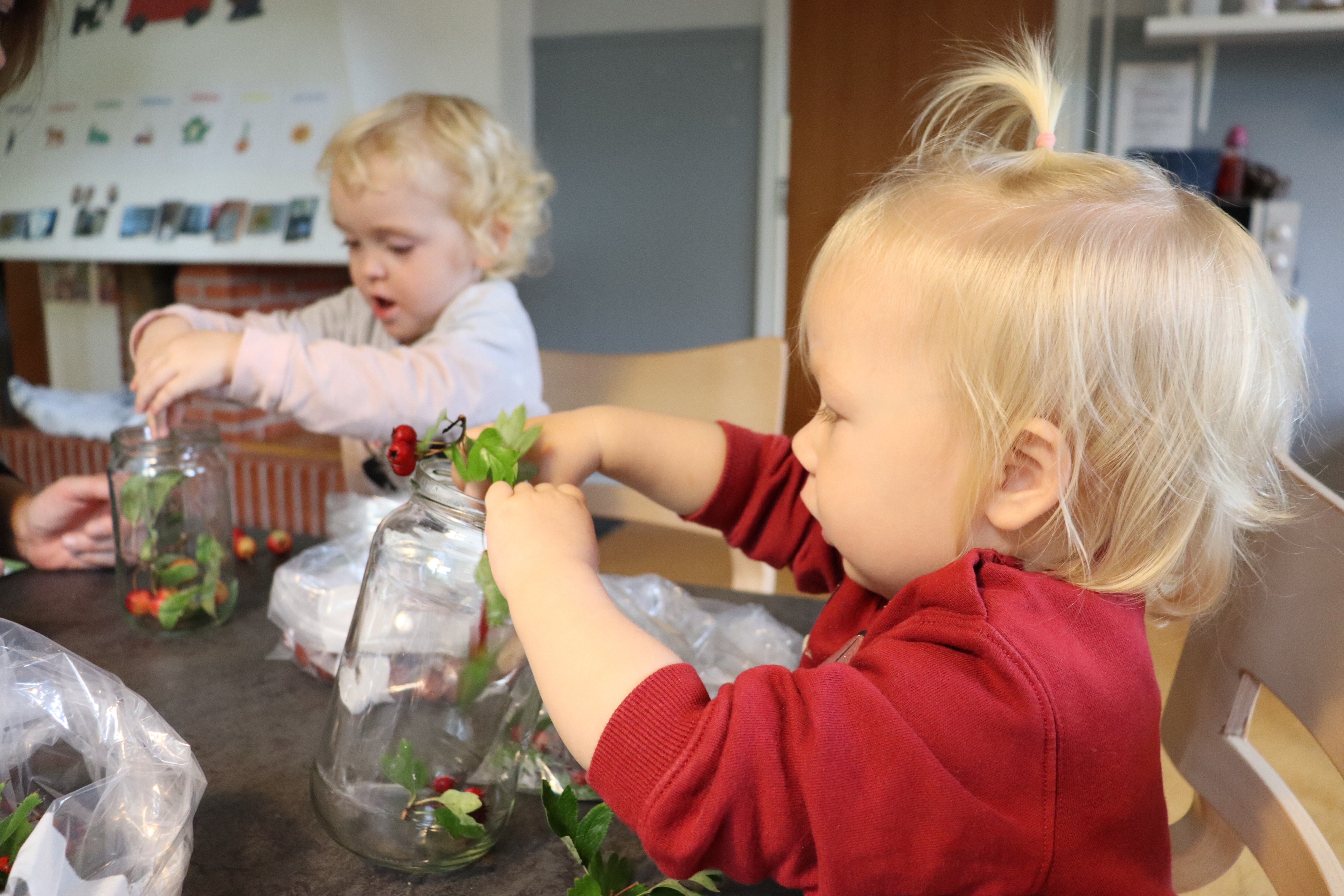 To børn putter kogler og blomster i et glas med låg som en del af en aktivitet