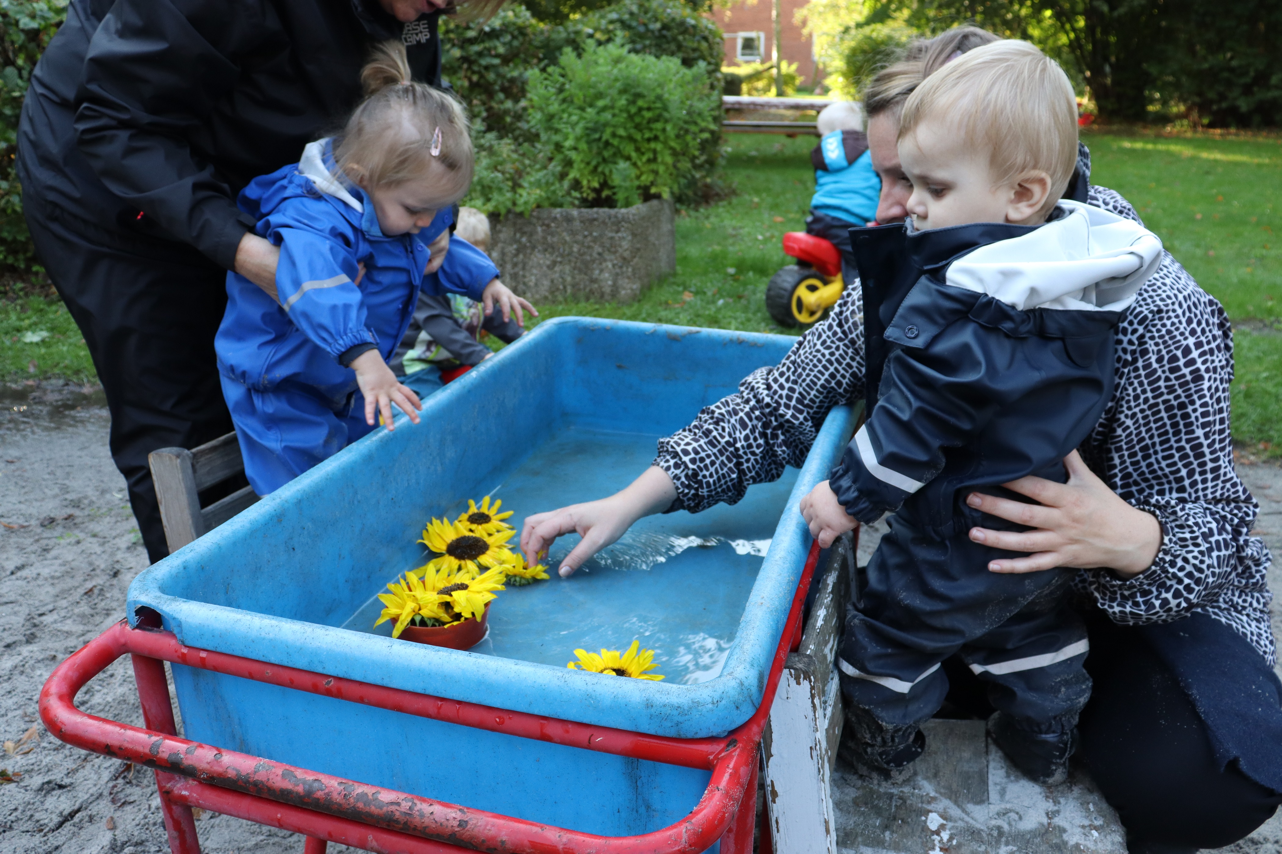Pædagog hjælper barn med vand aktivitet
