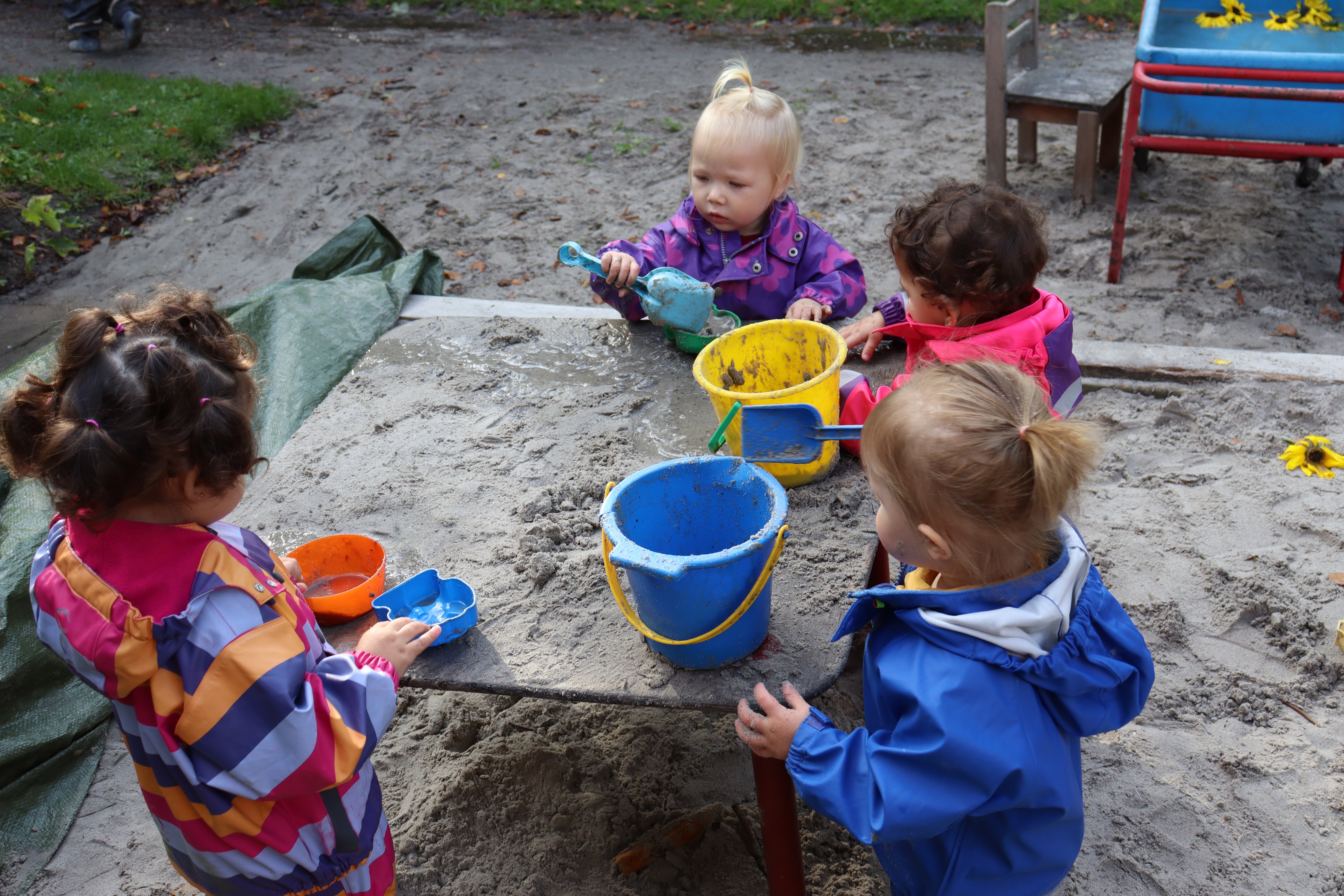 Børn leger i sandkassen med skovle og spande